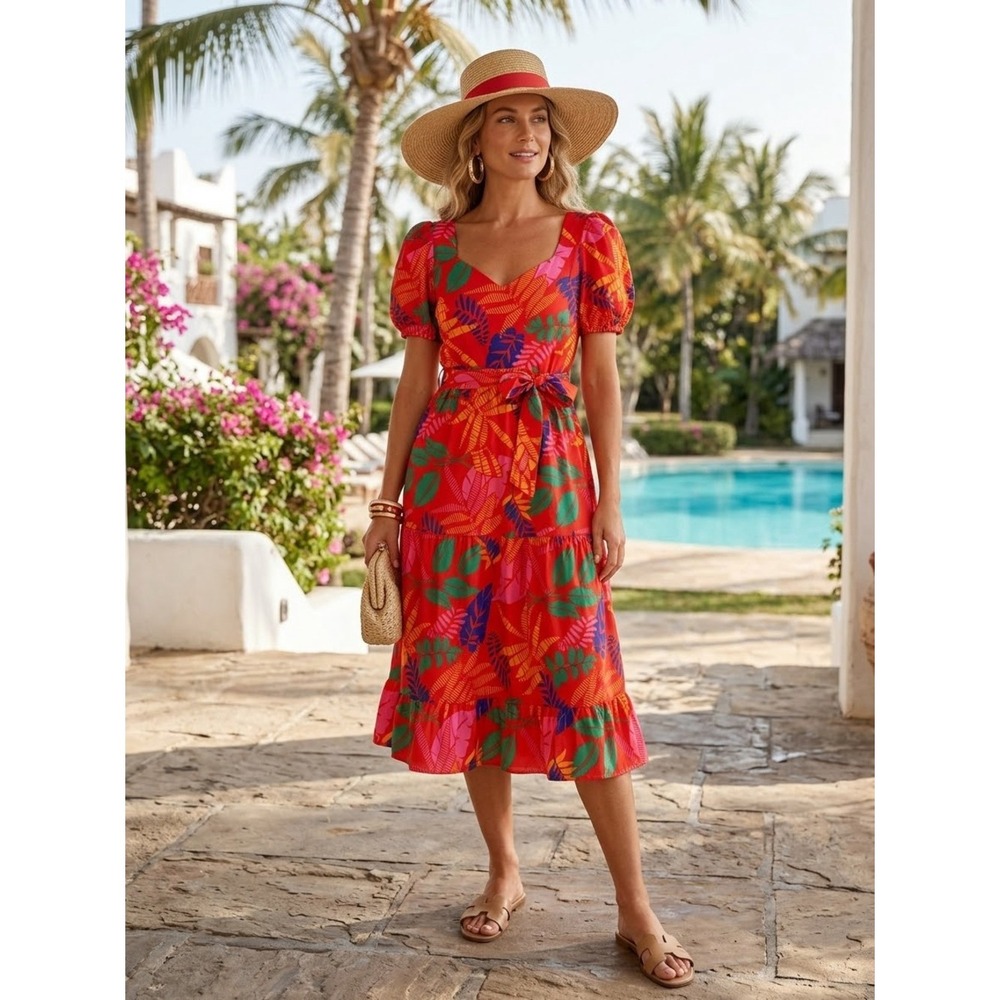 Vernacular Tropical Leaf Midi Dress Puff Sleeve Tiered Ruffle Red Pink M Coastal